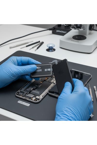 IPhone 15 Pro Battery Replacement Service Image Showing Technician Replacing Battery Inside IPhone 15 Pro Device.