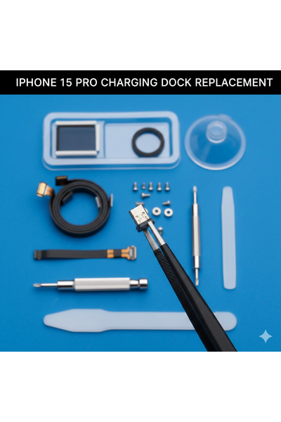 IPhone 15 Pro Charging Dock Replacement Showing Genuine Connector Port And Repair Components.
