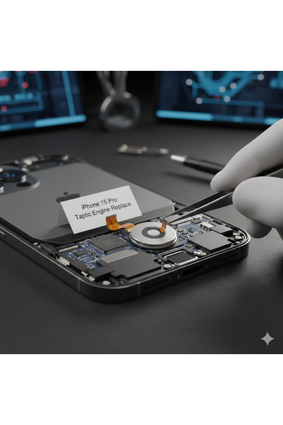 IPhone 15 Pro Taptic Engine Replacement Service Showing Internal Component Disassembly And Repair Process.