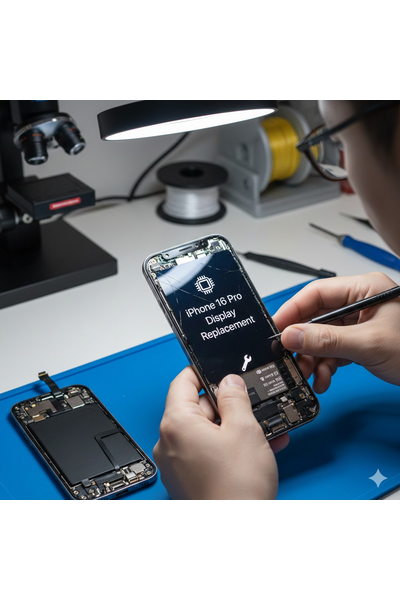 IPhone 16 Pro Display Replacement Showing Technician Installing New Screen On Smartphone.