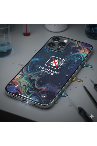 IPhone 16 Pro Liquid Damage Repair Service Image Showing Water Exposure On Device.