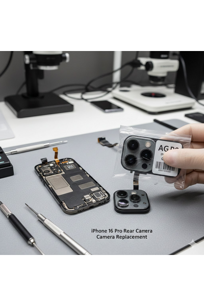 IPhone 16 Pro Rear Camera Replacement Showing Professional Repair Service With Genuine Camera Module Installation.