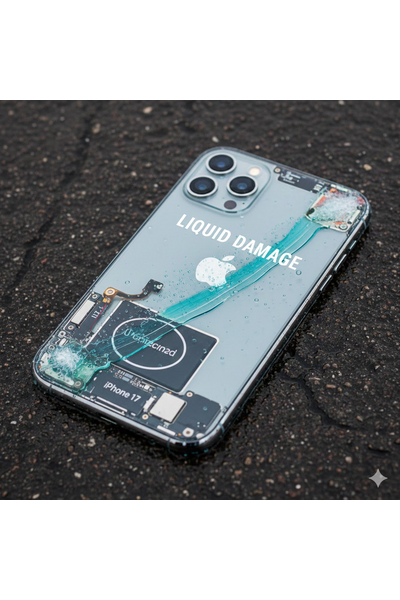 IPhone 17 Liquid Damage Showing Water Exposure On Device Surface.