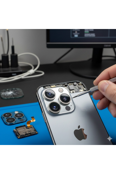 IPhone 17 Plus Rear Camera Replacement Service Image Showing Professional Technician Replacing Damaged Camera Module With Genuine Apple Parts.