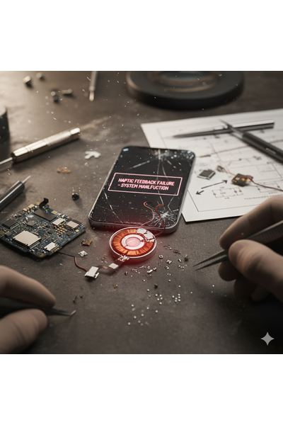 IPhone 17 Pro on a white background showing missing vibration and weak haptic feedback, symbolizing Taptic Engine malfunction and touch response issues.