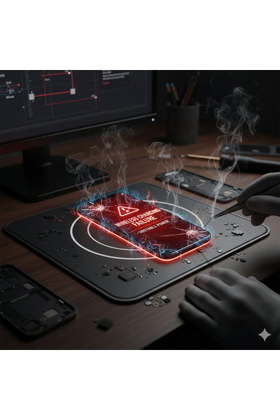 IPhone 17 Pro on wireless charging pad failing to charge with ‘Charging Paused’ error notification and no power indicator, depicting common MagSafe and Qi wireless charging misalignment or coil issues requiring professional diagnostics