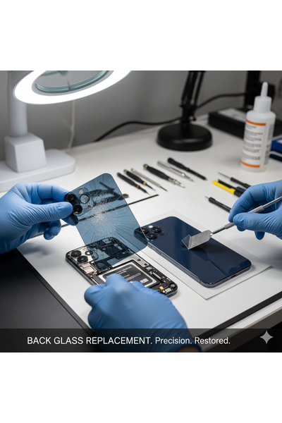 Technician replacing the shattered back glass on an IPhone 17 Pro, heating the adhesive, using a suction cup to lift the old panel with wireless charging coil attached, and installing a new back glass with fresh double-sided tape for water resistance restoration.