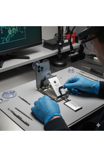 Technician replacing the swollen or drained battery in an IPhone 17 Pro, disconnecting the adhesive with a 9V battery clip for 90 seconds, lifting the old battery pack, cleaning residue with isopropyl alcohol, and installing a new battery with fresh stretch-release adhesive strips.
