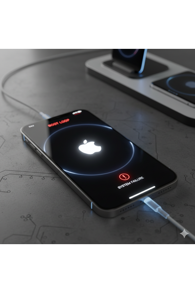 IPhone 17 Pro trapped in a boot loop, repeatedly restarting from the Apple logo screen without fully loading iOS, indicating a software glitch, low battery, or hardware fault like a damaged flex cable that requires force restart, recovery mode, or repair