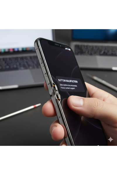 IPhone 17 Pro with faulty side and volume buttons, showing unresponsive or stuck power and volume keys, indicating physical button or flex cable issue that needs cleaning, adjustment, or replacement.