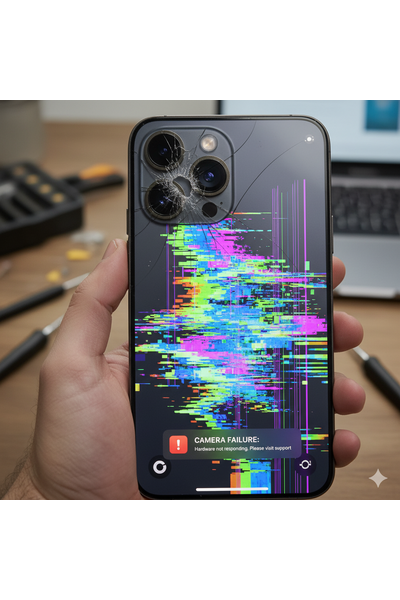 IPhone 17 Pro camera showing blurry and glitchy photos with focus issues and artifacts like black blocks or colored streaks on the preview, indicating camera lens, sensor, or software malfunction.
