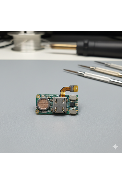 IPhone 17 Pro with damaged USB-C charging dock or port requiring replacement, showing technician desoldering the old flex cable from the logic board, cleaning corrosion, and soldering a new genuine USB-C charging connector for restored wired charging and data transfer.