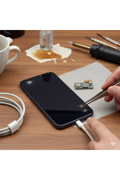 IPhone 17 Pro Max not charging or slow charging via USB-C or MagSafe, showing faulty cable, dirty port, or optimized charging limit at 80%, needing cable swap, port cleaning, or software reset for proper power input.