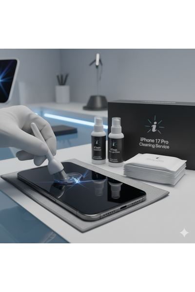 IPhone 17 Pro undergoing professional cleaning service at Apple Center Bangladesh, with technician removing dust, lint, and debris from ports, speakers, and internals using compressed air, soft brushes, and isopropyl alcohol to restore performance and prevent further issues.