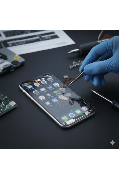 IPhone 17 Pro earpiece speaker replacement for no sound during calls, showing technician removing the front display assembly, detaching the old ear speaker flex from the frame, cleaning the slot, and installing a new genuine earpiece module with adhesive for clear call audio restoration.