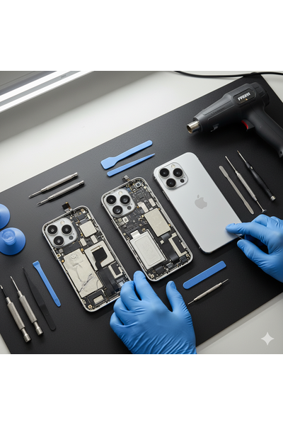 Technician replacing the damaged back housing and frame of an IPhone 17 Pro, with the phone fully disassembled to swap the rear glass, metal chassis, and side buttons, preparing the device for reassembly with new adhesive and sealing