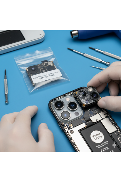 Technician replacing the rear triple‑camera module on an IPhone 17 Pro, with the back camera unit removed from the chassis and a new genuine replacement module ready for installation to fix blurry, shaking, or non‑working back camera.