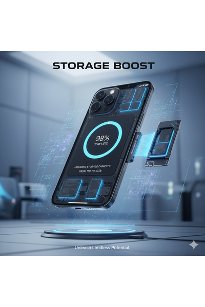 Technician performing an advanced storage upgrade on an IPhone 17 Pro, with the logic board exposed and the original NAND flash chip being replaced by a higher‑capacity module to increase internal storage from 256GB to 512GB or more