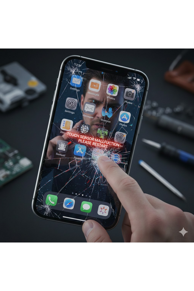 IPhone 17 Pro with unresponsive or ghost touch screen issues, showing erratic cursor movement, missed taps, or multi-touch failure due to damaged flex cable, digitizer fault, or software glitch needing screen recalibration, flex replacement, or full display assembly swap.