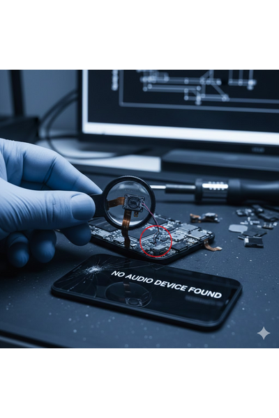 Technician Diagnosing Audio Issue on an IPhone 14, Checking Speaker and Microphone Functionality at a Repair Desk.