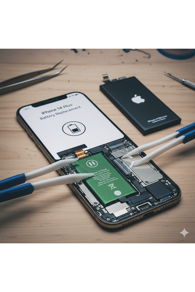 iPhone 14 Plus Battery Replacement Service Showing Technician Replacing Battery With Genuine Apple Part.