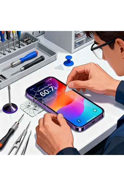 IPhone 14 Plus Display Replacement Showing Technician Installing New Screen On Device.