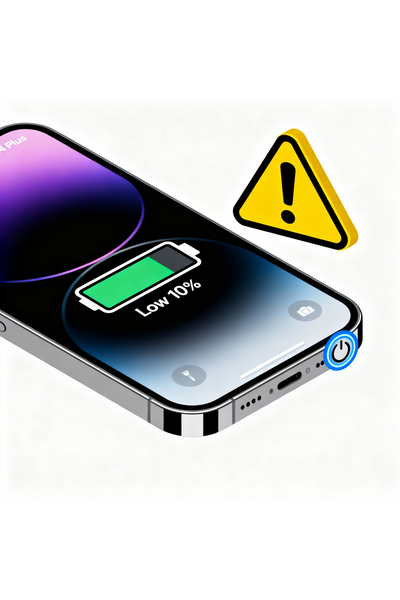 IPhone 14 Plus Power Issues Troubleshooting And Repair Illustration Showing Battery, Charging Port, And Power Button Problems.