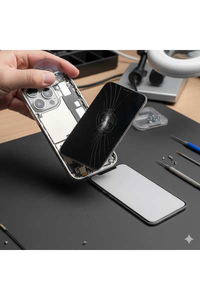 iPhone 14 Pro Display Replacement Showing A Technician Replacing The Screen With A New Original Display Panel.