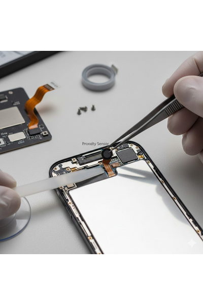 iPhone 14 Pro Max Proximity Sensor Replacement Showing Technician Carefully Installing New Sensor Component.