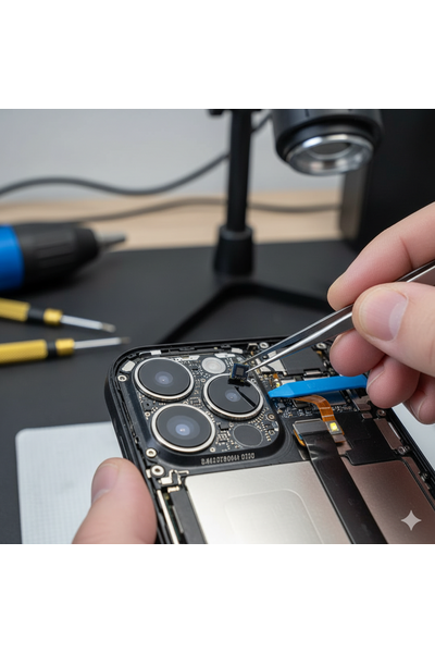 iPhone 14 Proximity Sensor Replacement Service Showing Technician Repairing Front Sensor Module for Accurate Face Detection and Screen Dimming.