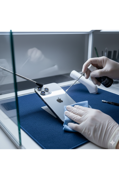 iPhone 15 Pro professional cleaning service at Apple Center Bangladesh showing detailed dust and moisture removal by expert technicians in Dhaka.