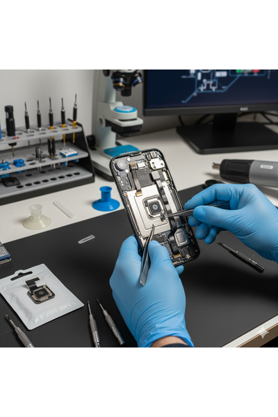 iPhone 15 Pro front camera replacement service at Apple Center Bangladesh showing genuine camera module installation by expert technicians in Dhaka.