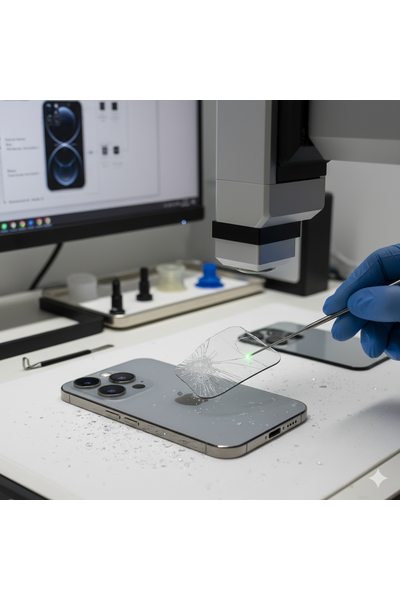 IPhone 16 Pro Back Glass Replacement Showing Rear Panel Repair Process And Genuine Glass Installation.