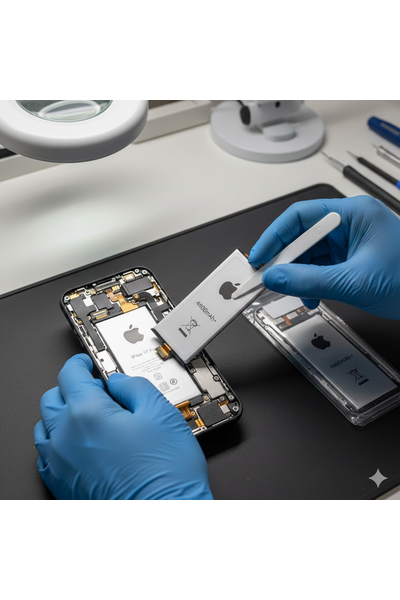 iPhone 17 Plus Battery Replacement Service Showing Technicians Replacing Original Battery With Genuine Apple Parts.