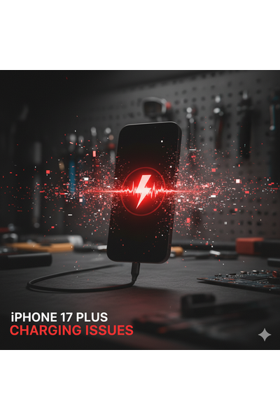 IPhone 17 Plus Charging Issues Illustration Showing Device Connected To Charger With Power Problem Indicator.