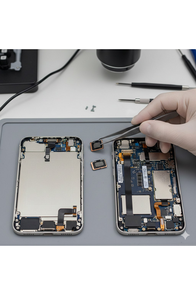 iPhone 17 Plus Ear Speaker Replacement Showing Technician Fixing Earpiece Component On Smartphone.