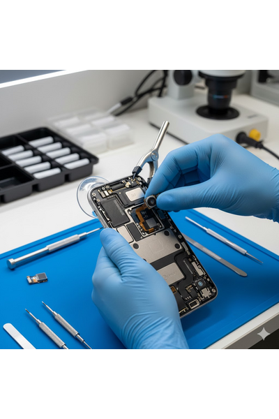 iPhone 17 Plus Front Camera Replacement Showing Technician Fixing Front Camera Module On A Clean Repair Desk.