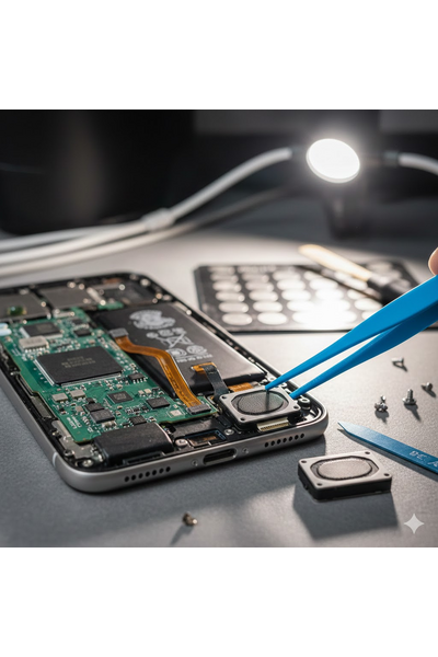 iPhone 17 Plus Loud Speaker Replacement Showing Professional Technician Installing Genuine Loudspeaker Component On Apple Device.