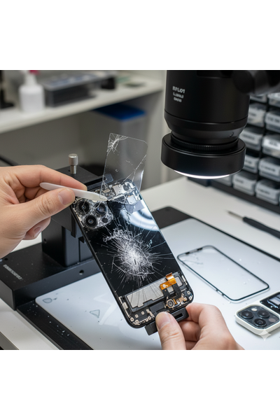 IPhone 17 Plus Upper Glass Replacement Showing Professional Screen Repair Process With Genuine Parts.