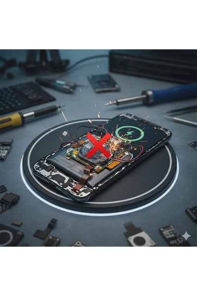 iPhone 17 Plus Wireless Charging Issues Illustration Showing Device On Charging Pad With Error Notification.