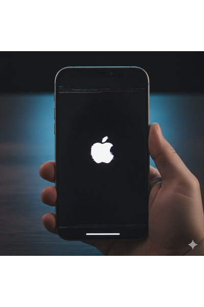 Professional technician at Apple Center Bangladesh repairing an IPhone 17 Pro stuck on the Apple logo screen, performing recovery mode software restoration on a connected computer during system boot issue service.