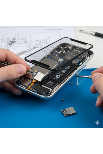 Expert technician at Apple Center Bangladesh replacing the Taptic Engine on an IPhone 17 Pro, carefully removing the old vibration motor module and installing a new genuine unit secured by screws near the bottom of the opened device during professional haptic feedback repair service