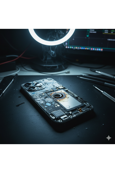 Professional technician at Apple Center Bangladesh inspecting an IPhone 17 Pro for liquid damage, with the device opened to reveal internal components and visible corrosion near the logic board during water damage assessment and cleaning service