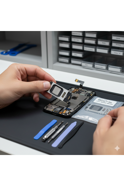 Professional technician at Apple Center Bangladesh replacing the bottom loud speaker module on an IPhone 17 Pro, carefully removing the old speaker and installing a new genuine loudspeaker unit inside the opened device