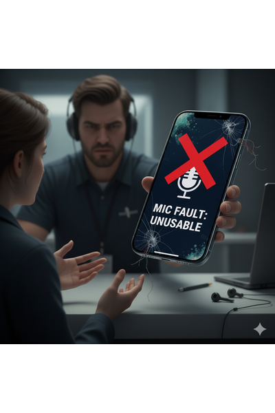 Skilled technician at Apple Center Bangladesh testing and replacing faulty microphone components on IPhone 17 Pro, inspecting bottom mic near USB-C port and top earpiece mic during professional mic issues repair service.