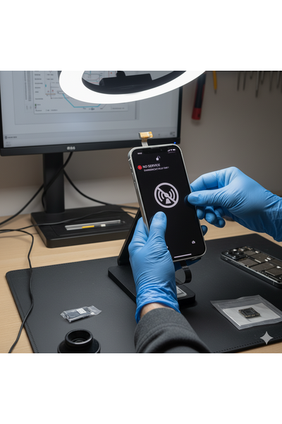 Expert technician at Apple Center Bangladesh diagnosing network connectivity issues on IPhone 17 Pro, testing SIM card, antenna signals, and Wi-Fi modules using specialized diagnostic equipment during professional network problem repair service