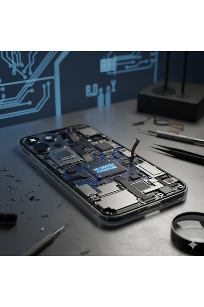 Expert technician at Apple Center Bangladesh diagnosing ‘No Modem Firmware’ issue on IPhone 17 Pro, checking cellular settings and modem status on the screen while performing professional network and baseband repair service.