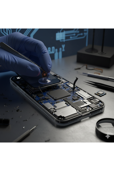 Professional technician at Apple Center Bangladesh replacing the proximity sensor flex cable on an IPhone 17 Pro, carefully installing a genuine proximity and ambient light sensor module near the top of the display during precise repair service
